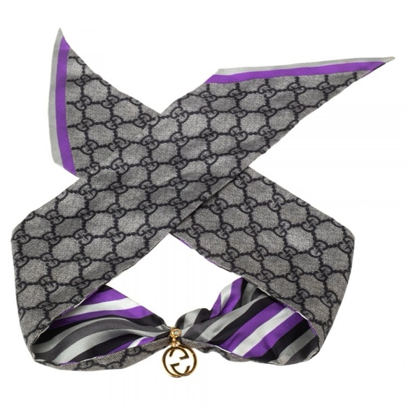 GUCCI 100% Silk Monogram Gray & Purple Stripe Skinny Neck Scarf w/Box & Ring - Picture 5 of 8